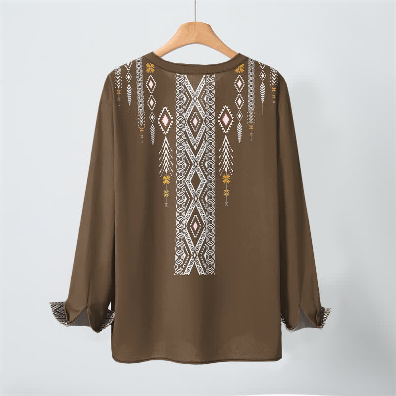 Buddha Stones Camicia da uomo a maniche lunghe con scollo a V e bottoni, in cotone, con motivo geometrico tribale a rombi. - image 17