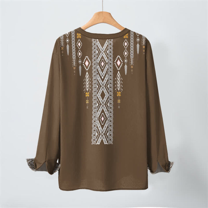 Buddha Stones Camicia da uomo a maniche lunghe con scollo a V e bottoni, in cotone, con motivo geometrico tribale a rombi. - image 17
