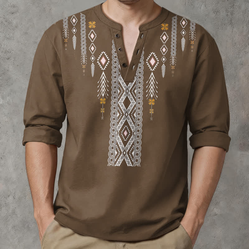 Buddha Stones Camicia da uomo a maniche lunghe con scollo a V e bottoni, in cotone, con motivo geometrico tribale a rombi. - image 15