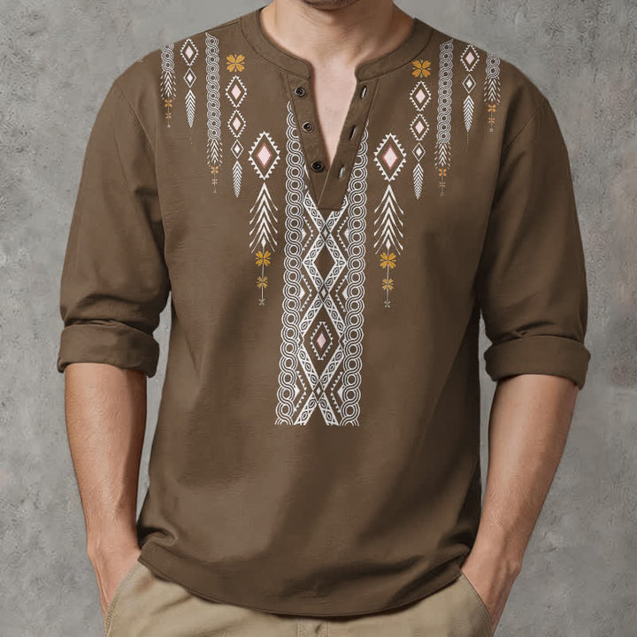Buddha Stones Camicia da uomo a maniche lunghe con scollo a V e bottoni, in cotone, con motivo geometrico tribale a rombi. - image 15
