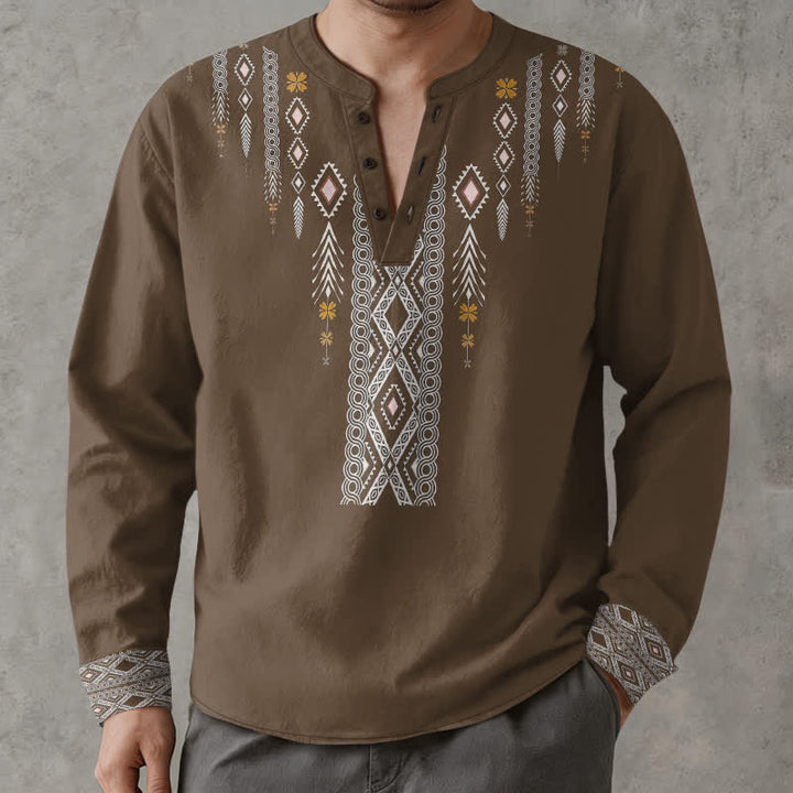 Buddha Stones Camicia da uomo a maniche lunghe con scollo a V e bottoni, in cotone, con motivo geometrico tribale a rombi. - Marrone sella - US/UK/AU48, EU58 (4XL) - image 14
