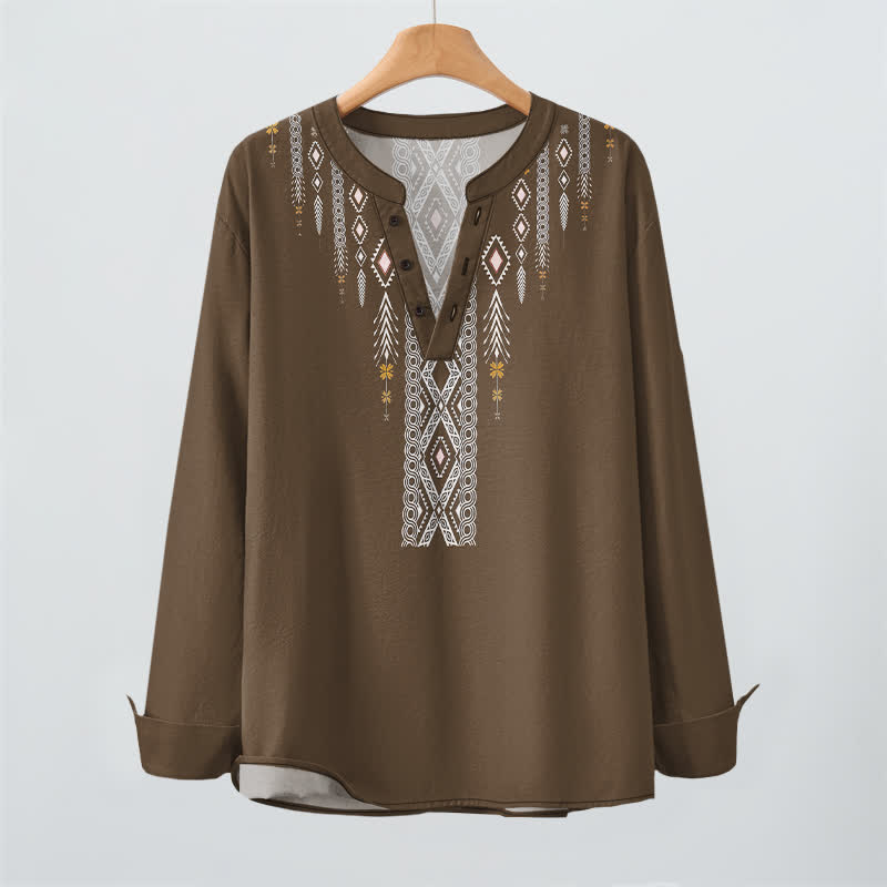 Buddha Stones Camicia da uomo a maniche lunghe con scollo a V e bottoni, in cotone, con motivo geometrico tribale a rombi. - image 16