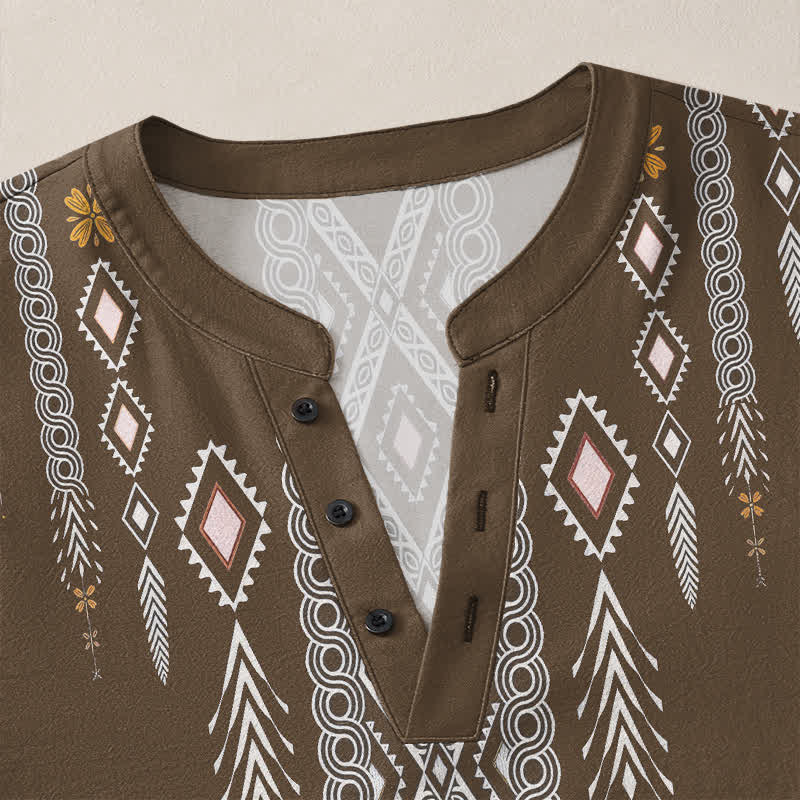 Buddha Stones Camicia da uomo a maniche lunghe con scollo a V e bottoni, in cotone, con motivo geometrico tribale a rombi. - image 18