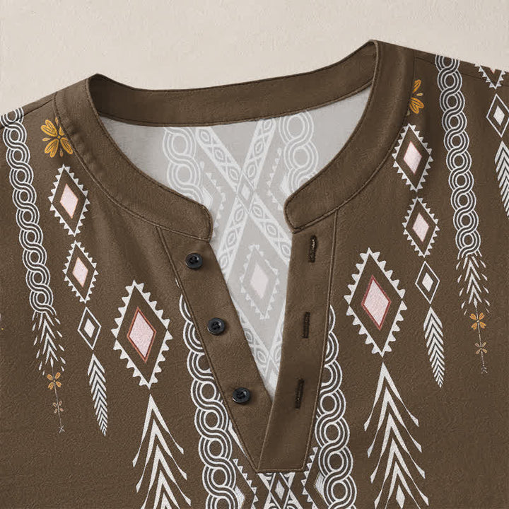 Buddha Stones Camicia da uomo a maniche lunghe con scollo a V e bottoni, in cotone, con motivo geometrico tribale a rombi. - image 18
