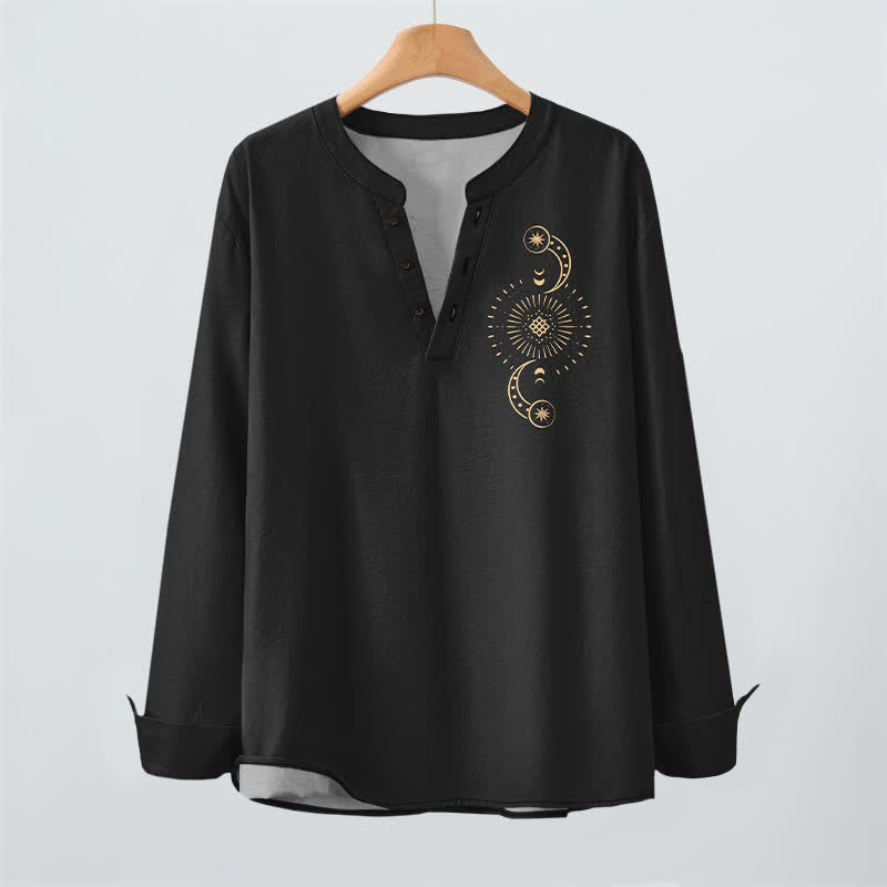 Buddha Stones Camicia da uomo a maniche lunghe con scollo a V e bottoni, in cotone, con motivo celeste sole e luna. - image 2