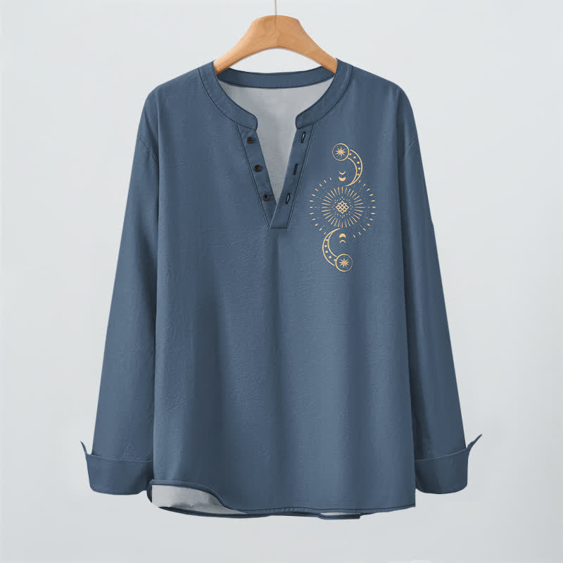 Buddha Stones Camicia da uomo a maniche lunghe con scollo a V e bottoni, in cotone, con motivo celeste sole e luna. - image 9