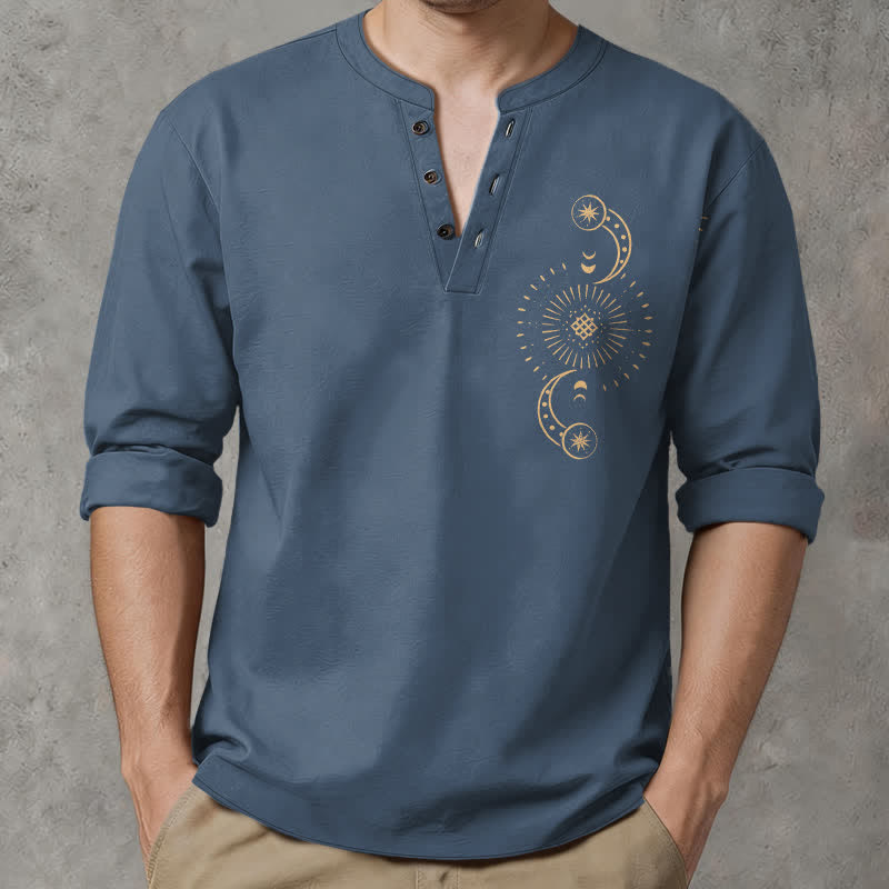 Buddha Stones Camicia da uomo a maniche lunghe con scollo a V e bottoni, in cotone, con motivo celeste sole e luna. - SteelBlue - US/UK/AU48, EU58 (4XL) - image 7