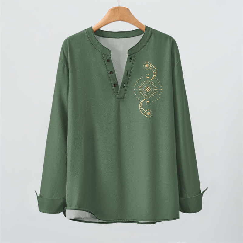 Buddha Stones Camicia da uomo a maniche lunghe con scollo a V e bottoni, in cotone, con motivo celeste sole e luna. - image 16