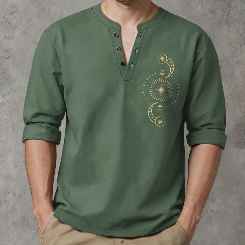 Buddha Stones Camicia da uomo a maniche lunghe con scollo a V e bottoni, in cotone, con motivo celeste sole e luna. - Verde mare medio - US/UK/AU48, EU58 (4XL) - image 14