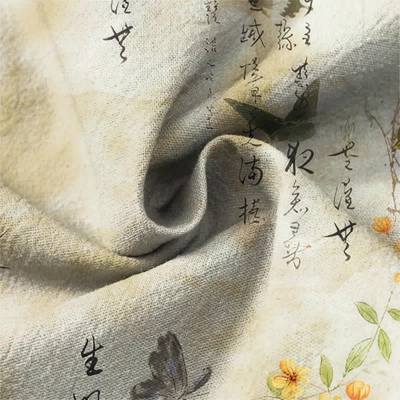 Buddha Stones Camicia da uomo a maniche lunghe con scollo a V e bottoni, in cotone, con motivo floreale a farfalle e calligrafia. - image 6