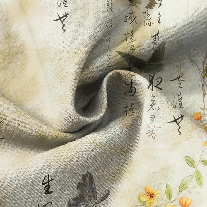 Buddha Stones Camicia da uomo a maniche lunghe con scollo a V e bottoni, in cotone, con motivo floreale a farfalle e calligrafia. - image 6