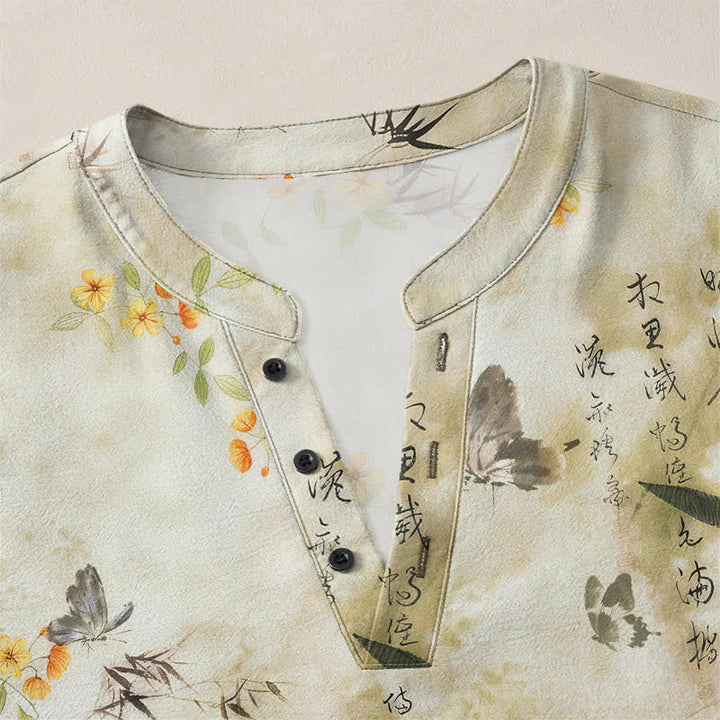 Buddha Stones Camicia da uomo a maniche lunghe con scollo a V e bottoni, in cotone, con motivo floreale a farfalle e calligrafia. - image 4
