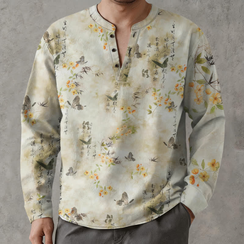 Buddha Stones Camicia da uomo a maniche lunghe con scollo a V e bottoni, in cotone, con motivo floreale a farfalle e calligrafia. - Biancheria - US/UK/AU48, EU58 (4XL) - image 0