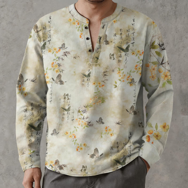 Buddha Stones Camicia da uomo a maniche lunghe con scollo a V e bottoni, in cotone, con motivo floreale a farfalle e calligrafia. - Biancheria - US/UK/AU48, EU58 (4XL) - image 0