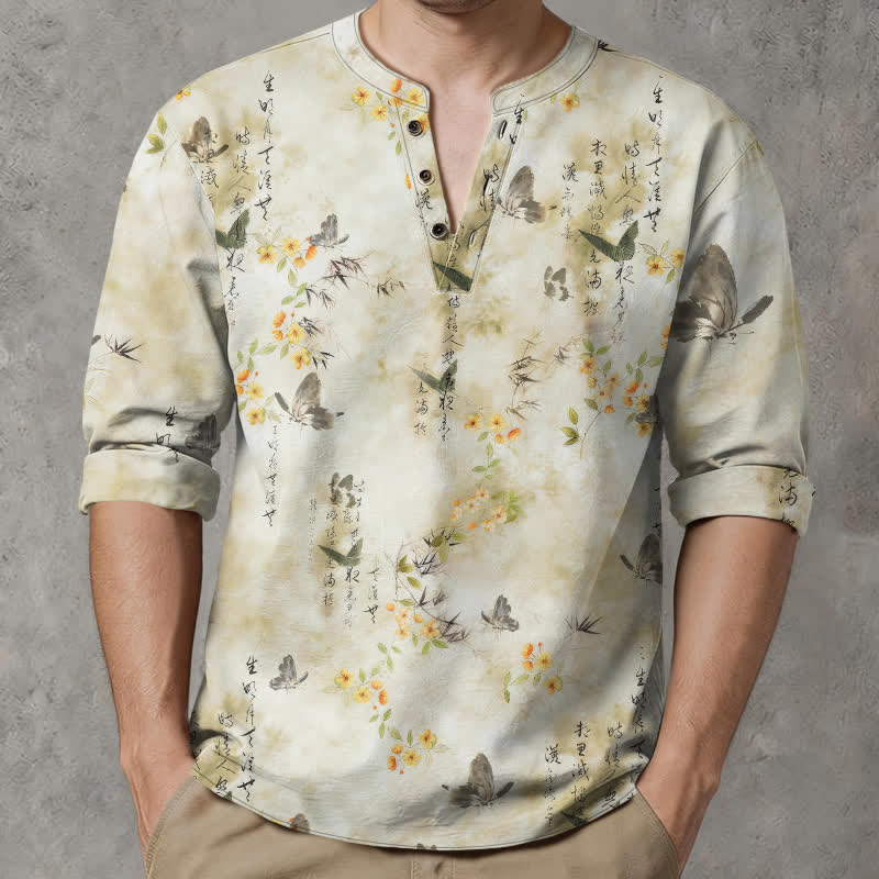 Buddha Stones Camicia da uomo a maniche lunghe con scollo a V e bottoni, in cotone, con motivo floreale a farfalle e calligrafia. - image 1