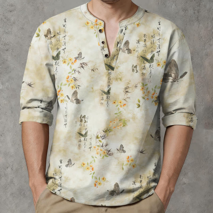 Buddha Stones Camicia da uomo a maniche lunghe con scollo a V e bottoni, in cotone, con motivo floreale a farfalle e calligrafia. - image 1