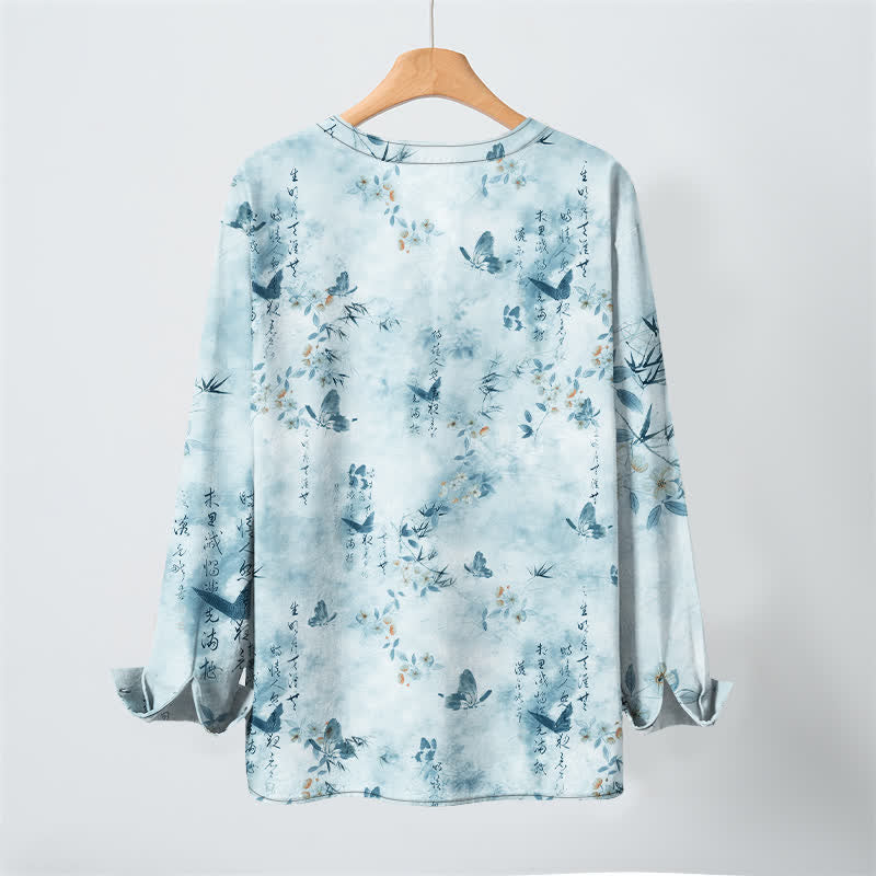 Buddha Stones Camicia da uomo a maniche lunghe con scollo a V e bottoni, in cotone, con motivo floreale a farfalle e calligrafia. - image 10