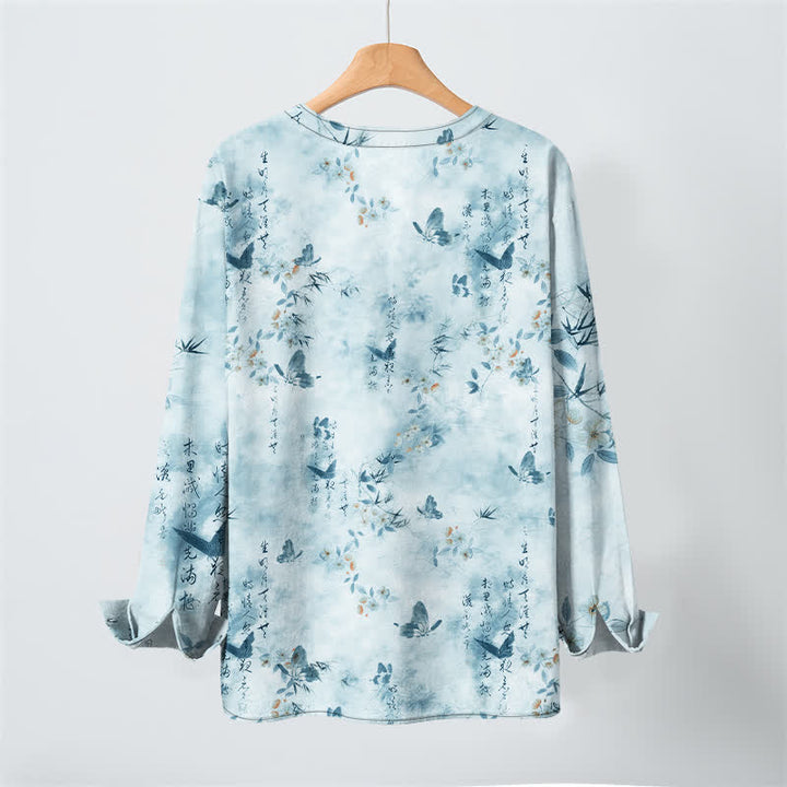 Buddha Stones Camicia da uomo a maniche lunghe con scollo a V e bottoni, in cotone, con motivo floreale a farfalle e calligrafia. - image 10