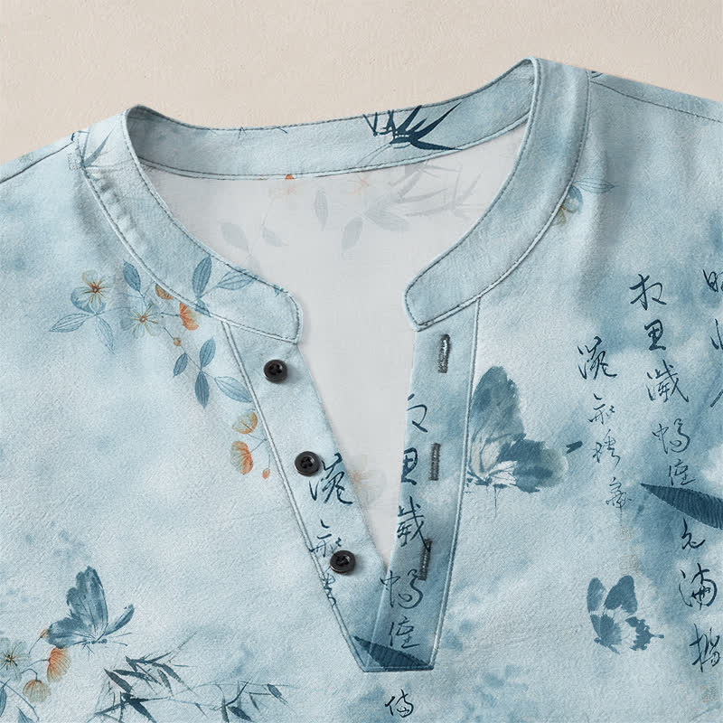 Buddha Stones Camicia da uomo a maniche lunghe con scollo a V e bottoni, in cotone, con motivo floreale a farfalle e calligrafia. - image 11