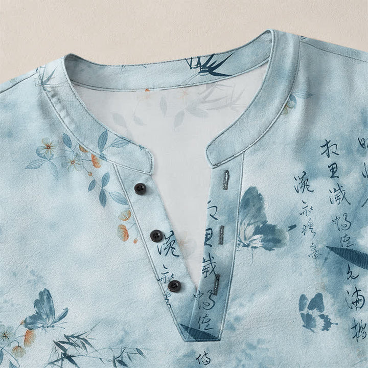 Buddha Stones Camicia da uomo a maniche lunghe con scollo a V e bottoni, in cotone, con motivo floreale a farfalle e calligrafia. - image 11