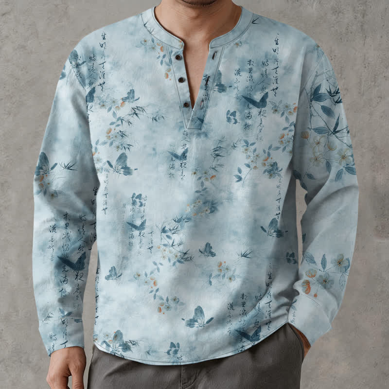 Buddha Stones Camicia da uomo a maniche lunghe con scollo a V e bottoni, in cotone, con motivo floreale a farfalle e calligrafia. - Azzurro chiaro - US/UK/AU48, EU58 (4XL) - image 7