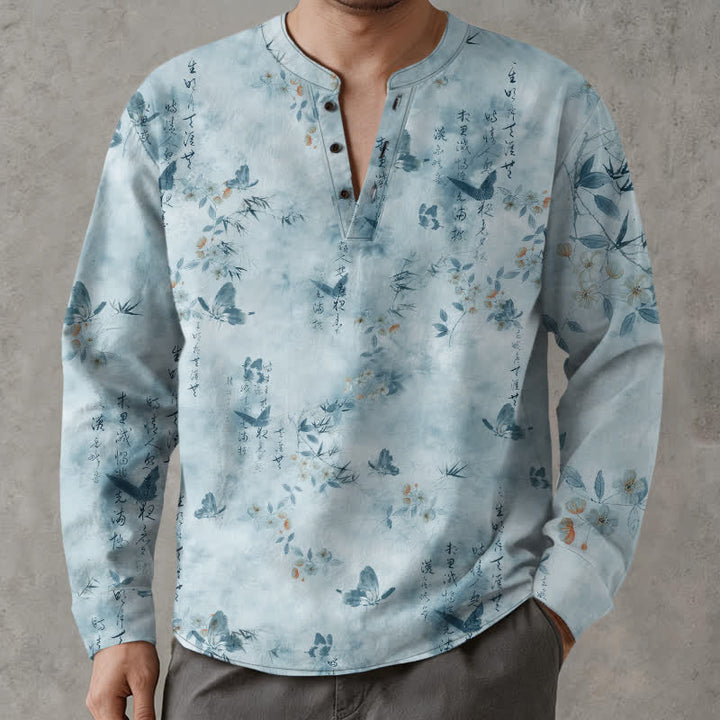 Buddha Stones Camicia da uomo a maniche lunghe con scollo a V e bottoni, in cotone, con motivo floreale a farfalle e calligrafia. - Azzurro chiaro - US/UK/AU48, EU58 (4XL) - image 7