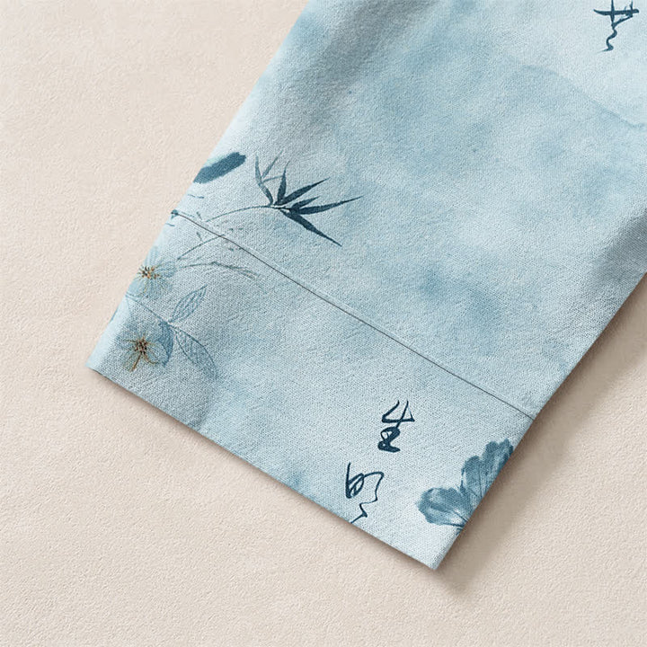 Buddha Stones Camicia da uomo a maniche lunghe con scollo a V e bottoni, in cotone, con motivo floreale a farfalle e calligrafia. - image 13