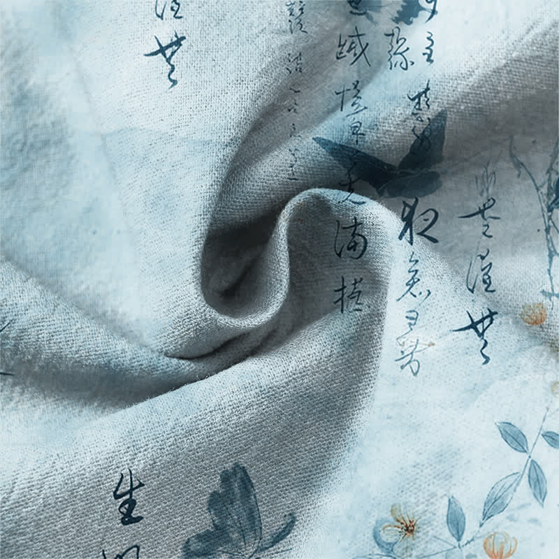 Buddha Stones Camicia da uomo a maniche lunghe con scollo a V e bottoni, in cotone, con motivo floreale a farfalle e calligrafia. - image 12