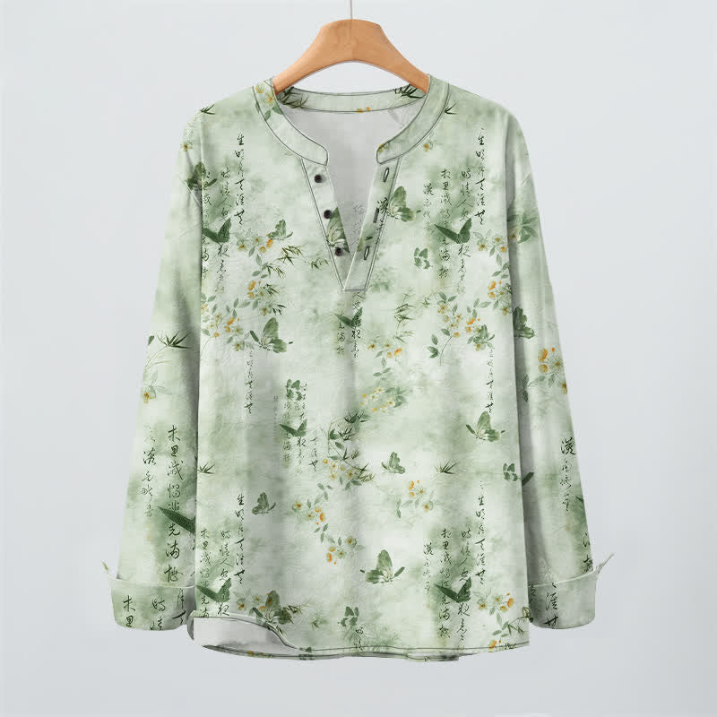Buddha Stones Camicia da uomo a maniche lunghe con scollo a V e bottoni, in cotone, con motivo floreale a farfalle e calligrafia. - image 16