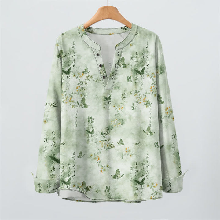 Buddha Stones Camicia da uomo a maniche lunghe con scollo a V e bottoni, in cotone, con motivo floreale a farfalle e calligrafia. - image 16
