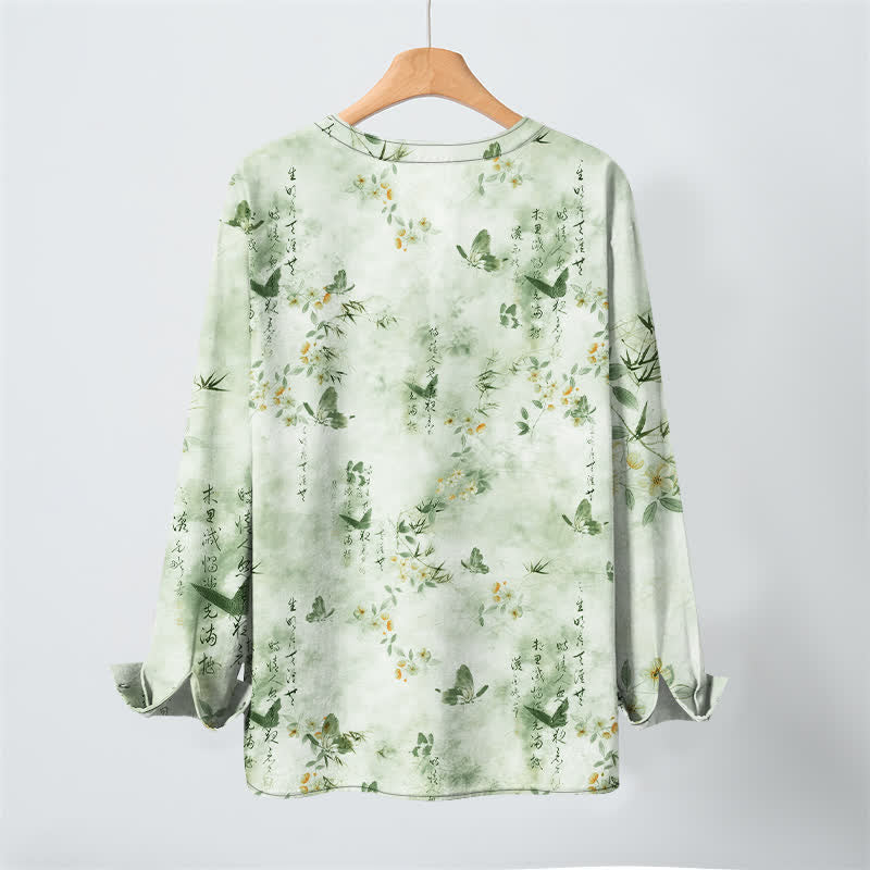 Buddha Stones Camicia da uomo a maniche lunghe con scollo a V e bottoni, in cotone, con motivo floreale a farfalle e calligrafia. - image 17