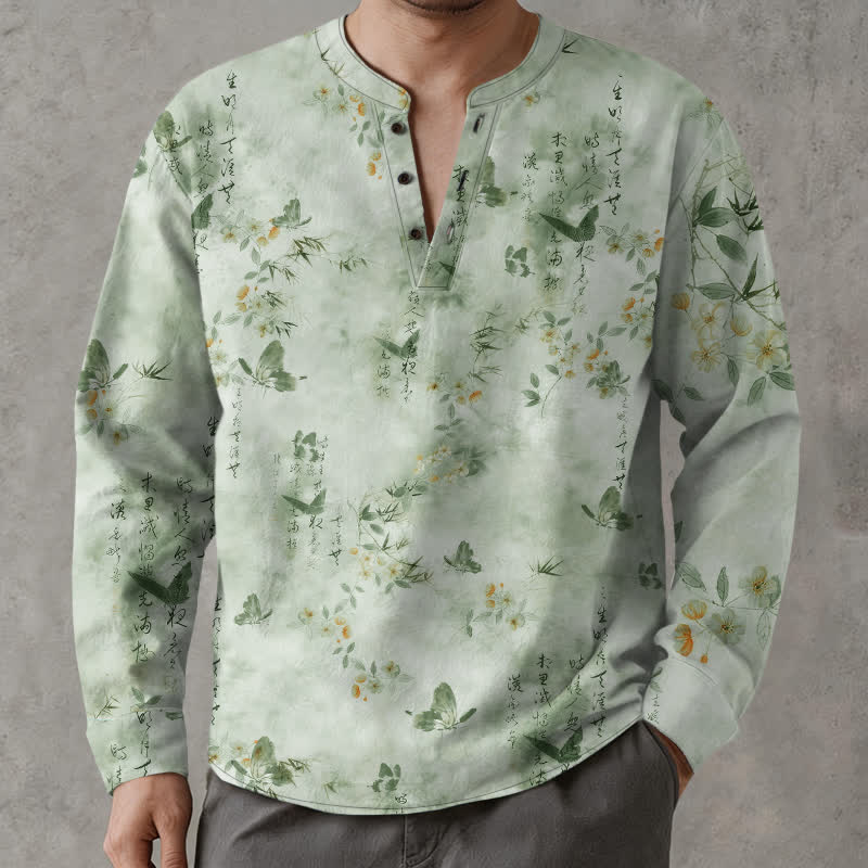Buddha Stones Camicia da uomo a maniche lunghe con scollo a V e bottoni, in cotone, con motivo floreale a farfalle e calligrafia. - Melata - US/UK/AU48, EU58 (4XL) - image 14