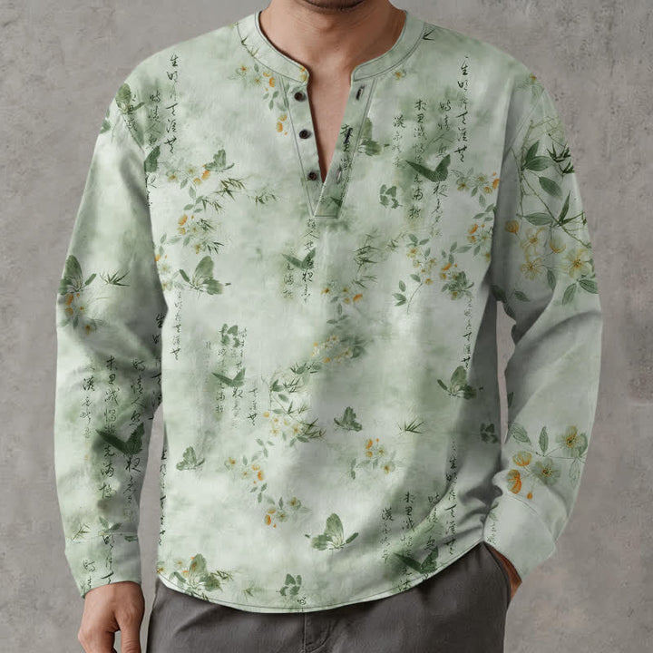 Buddha Stones Camicia da uomo a maniche lunghe con scollo a V e bottoni, in cotone, con motivo floreale a farfalle e calligrafia. - Melata - US/UK/AU48, EU58 (4XL) - image 14