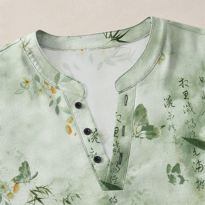 Buddha Stones Camicia da uomo a maniche lunghe con scollo a V e bottoni, in cotone, con motivo floreale a farfalle e calligrafia. - image 18