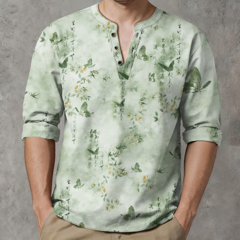 Buddha Stones Camicia da uomo a maniche lunghe con scollo a V e bottoni, in cotone, con motivo floreale a farfalle e calligrafia. - image 15