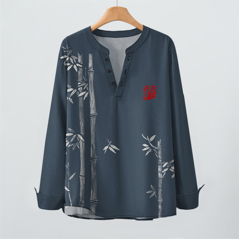 Buddha Stones Camicia da uomo a maniche lunghe con scollo a V e bottoni, in cotone bianco con motivo bambù. - image 2