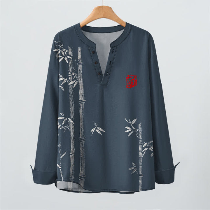 Buddha Stones Camicia da uomo a maniche lunghe con scollo a V e bottoni, in cotone bianco con motivo bambù. - image 2