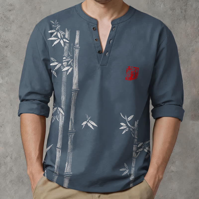 Buddha Stones Camicia da uomo a maniche lunghe con scollo a V e bottoni, in cotone bianco con motivo bambù. - SteelBlue - US/UK/AU48, EU58 (4XL) - image 0