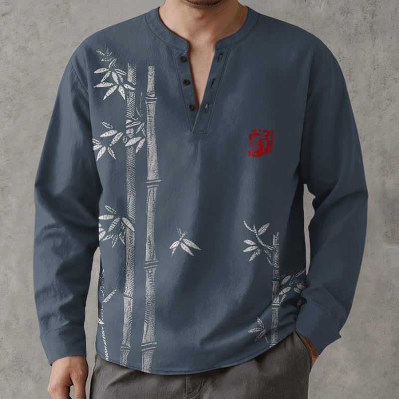 Buddha Stones Camicia da uomo a maniche lunghe con scollo a V e bottoni, in cotone bianco con motivo bambù. - image 1