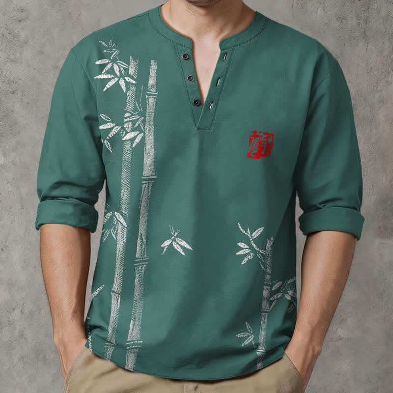 Buddha Stones Camicia da uomo a maniche lunghe con scollo a V e bottoni, in cotone bianco con motivo bambù. - Verde acqua - US/UK/AU48, EU58 (4XL) - image 7