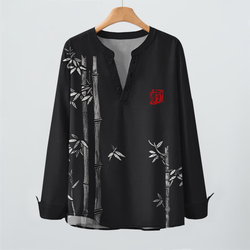 Buddha Stones Camicia da uomo a maniche lunghe con scollo a V e bottoni, in cotone bianco con motivo bambù. - image 16