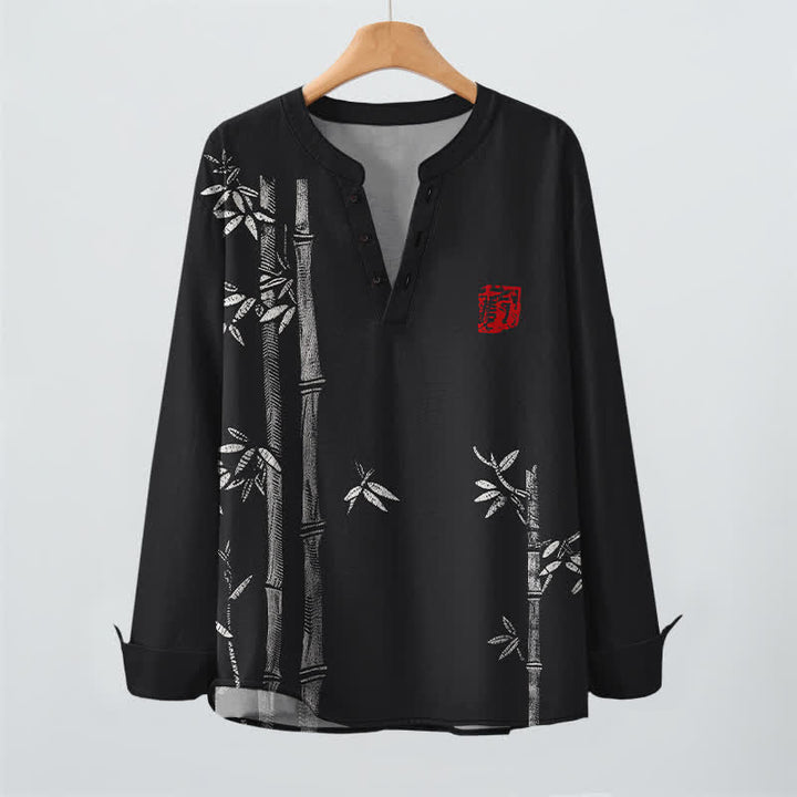 Buddha Stones Camicia da uomo a maniche lunghe con scollo a V e bottoni, in cotone bianco con motivo bambù. - image 16