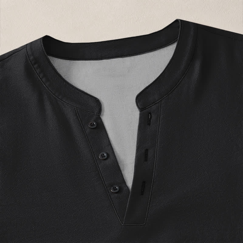 Buddha Stones Camicia da uomo a maniche lunghe con scollo a V e bottoni, in cotone bianco con motivo bambù. - image 18