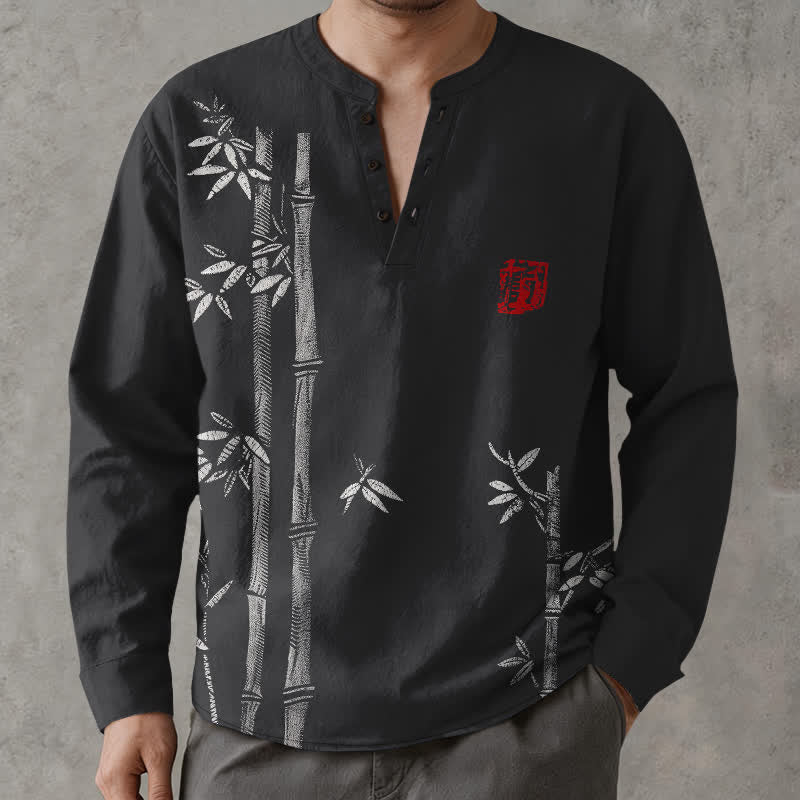 Buddha Stones Camicia da uomo a maniche lunghe con scollo a V e bottoni, in cotone bianco con motivo bambù. - image 15