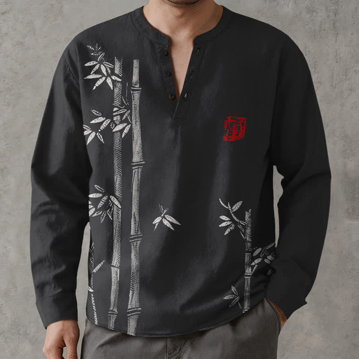 Buddha Stones Camicia da uomo a maniche lunghe con scollo a V e bottoni, in cotone bianco con motivo bambù. - image 15