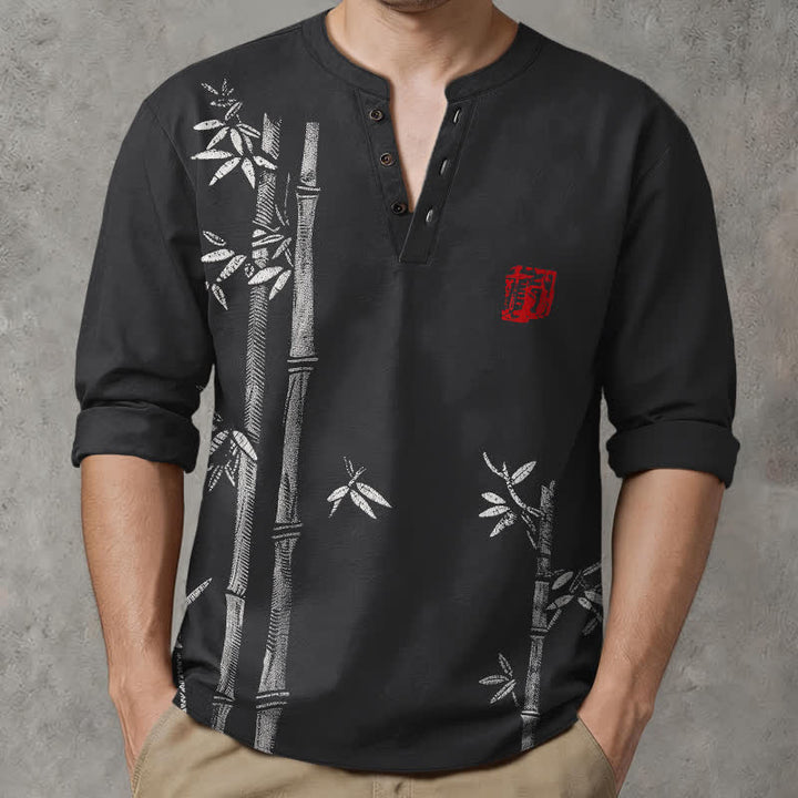 Buddha Stones Camicia da uomo a maniche lunghe con scollo a V e bottoni, in cotone bianco con motivo bambù. - Nero - US/UK/AU48, EU58 (4XL) - image 14
