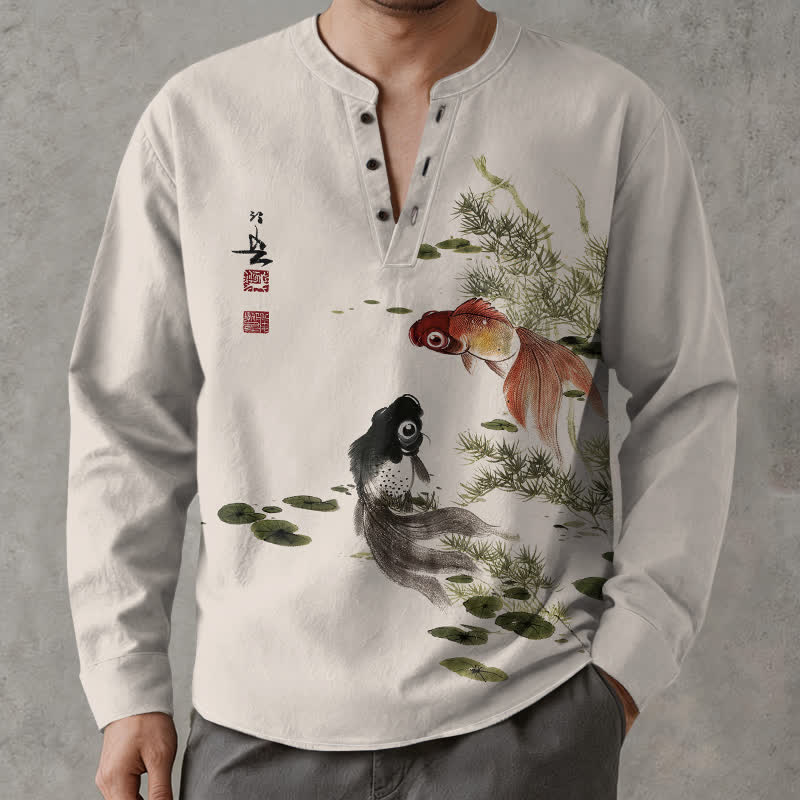 Buddha Stones Camicia da uomo a maniche lunghe con scollo a V e bottoni, in cotone, con motivo di carpe koi, foglie di loto, erba e inchiostro. - Biancheria - US/UK/AU48, EU58 (4XL) - image 0