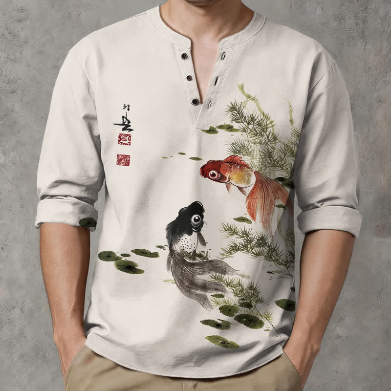 Buddha Stones Camicia da uomo a maniche lunghe con scollo a V e bottoni, in cotone, con motivo di carpe koi, foglie di loto, erba e inchiostro. - image 1