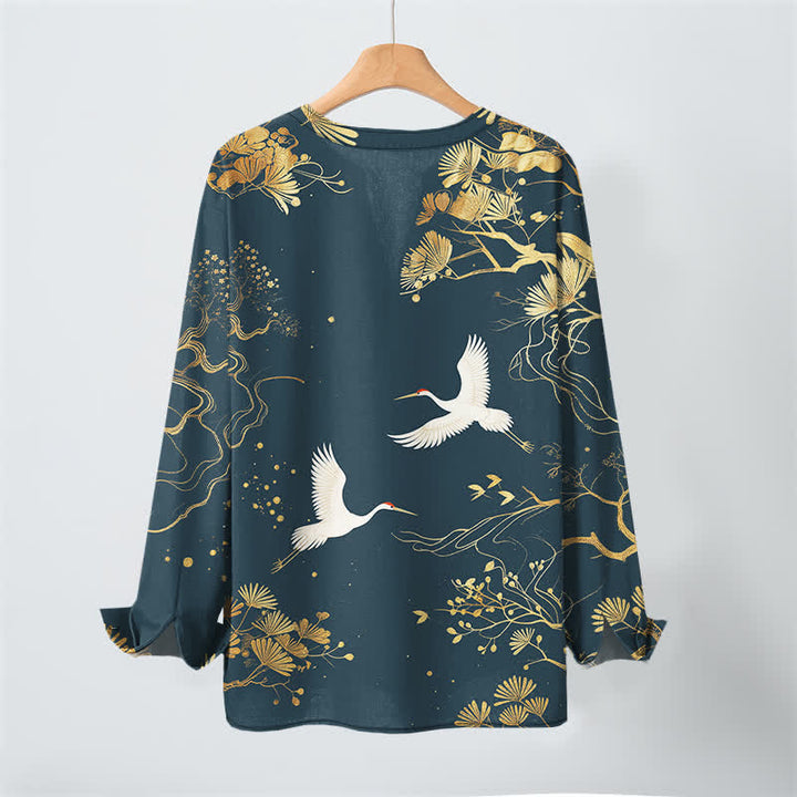 Buddha Stones Camicia da uomo a maniche lunghe con scollo a V e bottoni, in cotone, con motivo floreale a gru. - image 3