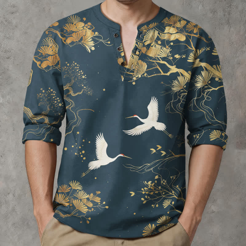 Buddha Stones Camicia da uomo a maniche lunghe con scollo a V e bottoni, in cotone, con motivo floreale a gru. - SteelBlue - US/UK/AU48, EU58 (4XL) - image 0